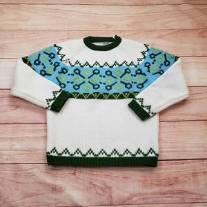 Vintage Macys Sweater Womens Medium White Blue Green‎ Fair Isle Knit 80s
